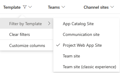 Screenshot: how partners can locate active Project Web App Sites using the Customer SharePoint Online Admin portal